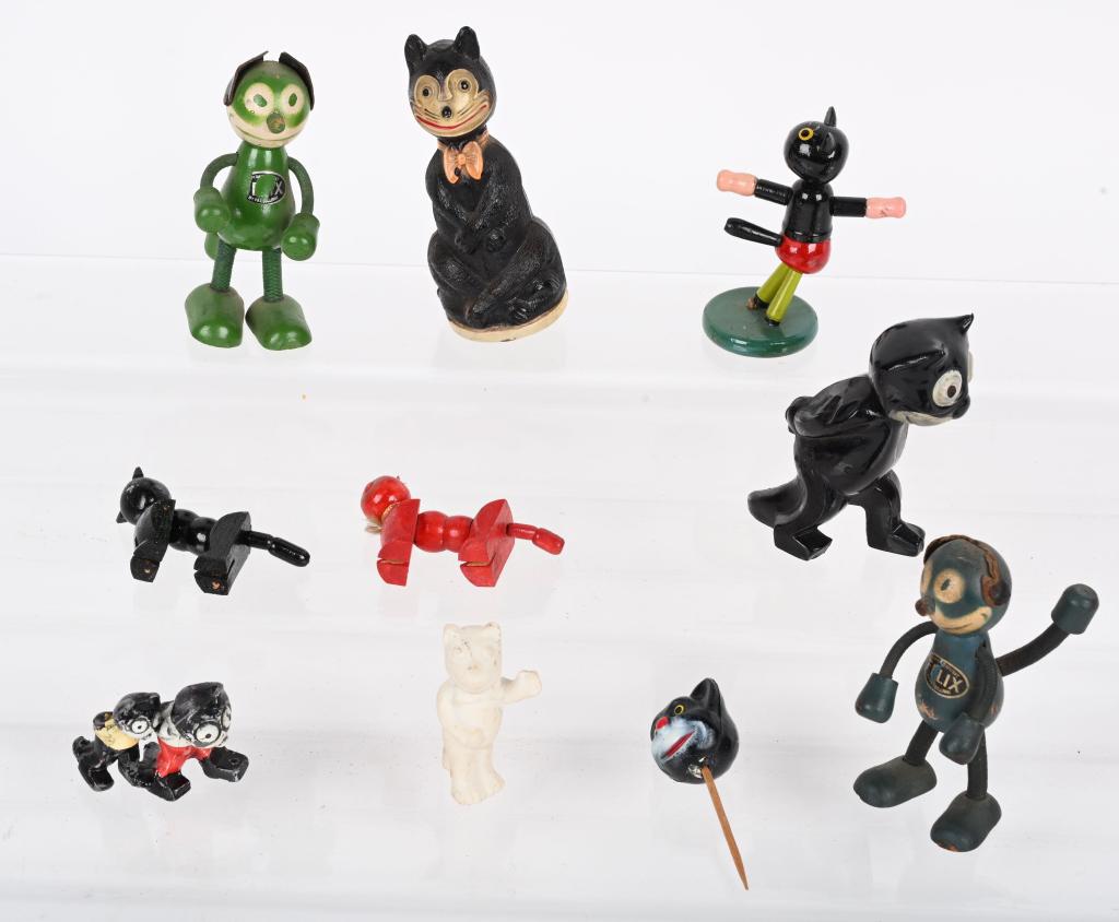 VINTAGE FELIX THE CAT LOT: Includes Fun-E-Flex, Celluloid Figures, Bisque Figures, and More. Largest 3 1/2" Excellent From the James and Helen Berkheimer Collection