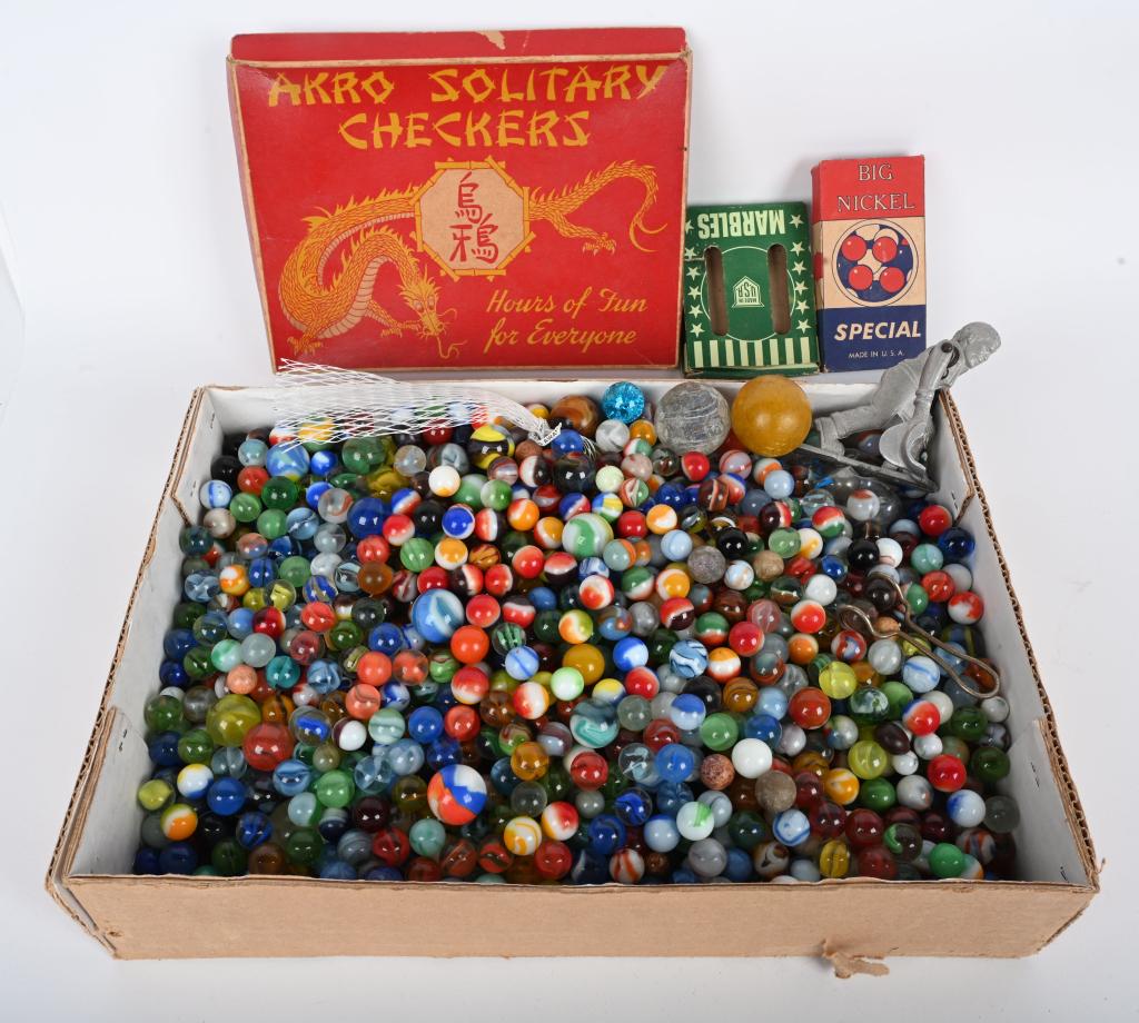 HUGE LOT OF MACHINE MADE MARBLES: Huge lot of Machine Made Marbles, Boxes, Marble Shooter, and More. From the James and Helen Berkheimer Collection