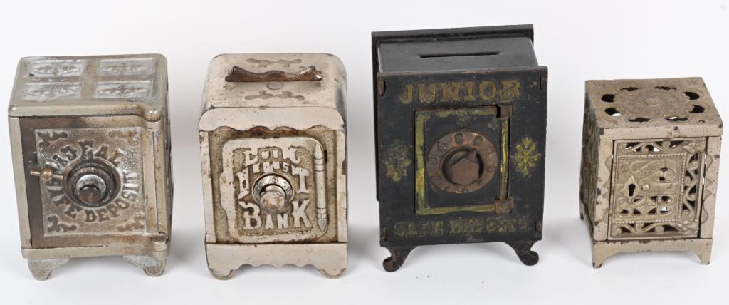 4- CAST IRON SAFE STILL BANKS: Includes Coin Deposit Bank, Junior Safe Bank, National Safe, and Ideal Safe Bank. Largest 4 1/2" Very Good-Excellent From the James and Helen Berkheimer Collection