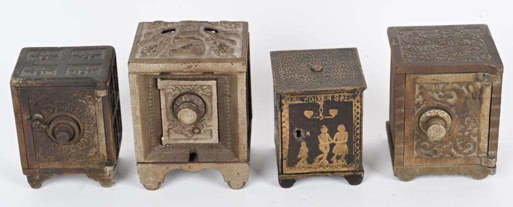 4- CAST IRON SAFE STILL BANKS: Includes Roller Skating, Ideal Safe Deposit, Saving Bank, and Horse Safe. Largest 4 3/4" Very Good-Excellent From the James and Helen Berkheimer Collection