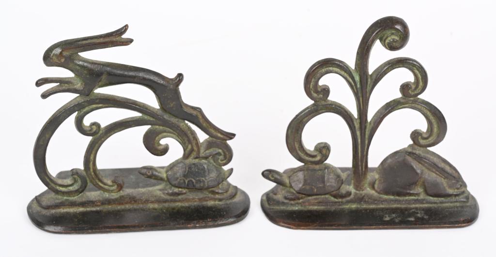 WILLIAM BOOGAR TORTISE & HARE BOOK ENDS: Wonderful pair of bronze Tortise and Hare Bookends by William Boogar. Both are signed. Very well done in great Deco style. 5 1/2" Excellent From the James and Helen Berkheimer Collection