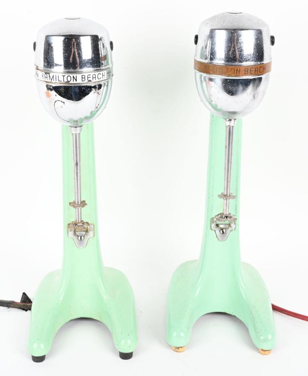 2- HAMILTON BEACH MILK SHAKE MIXERS: Nice pair of Hamilton Beach Porcelain Milk Shake Mixers. Both all original. One not working the other plug look bad. 19" Very Good-Excellent
