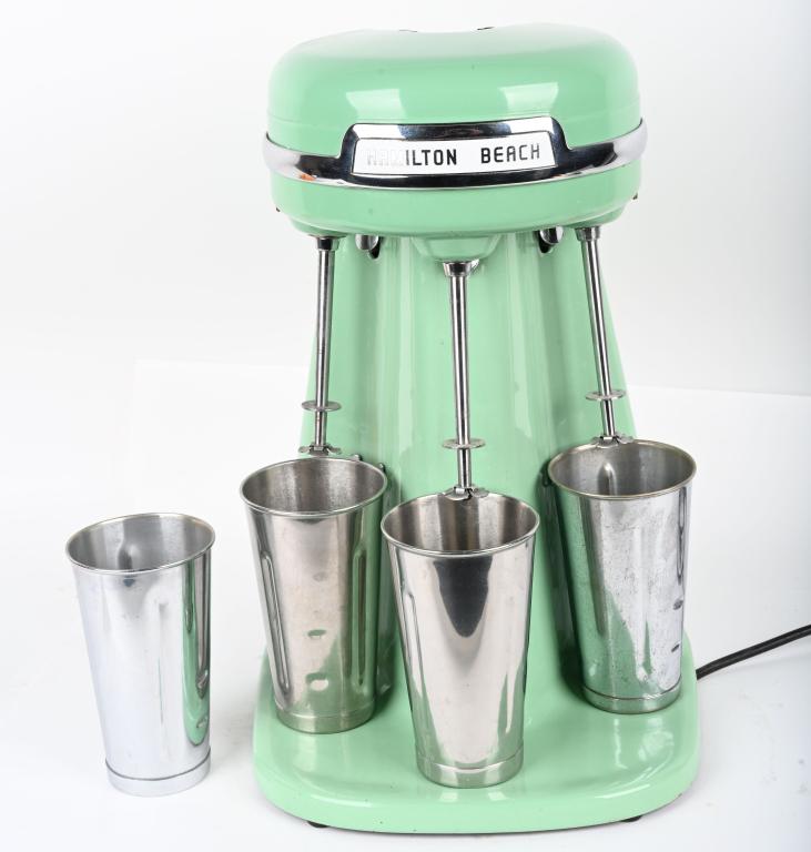 HAMILTON BEACH 3 HEAD MILK SHAKE MIXER: Beautiful original Hamilton Beach Porcelain 3 Head Milk Shake Mixer. All original and in great condition. Works great. Comes with 4 Shake Cups.
