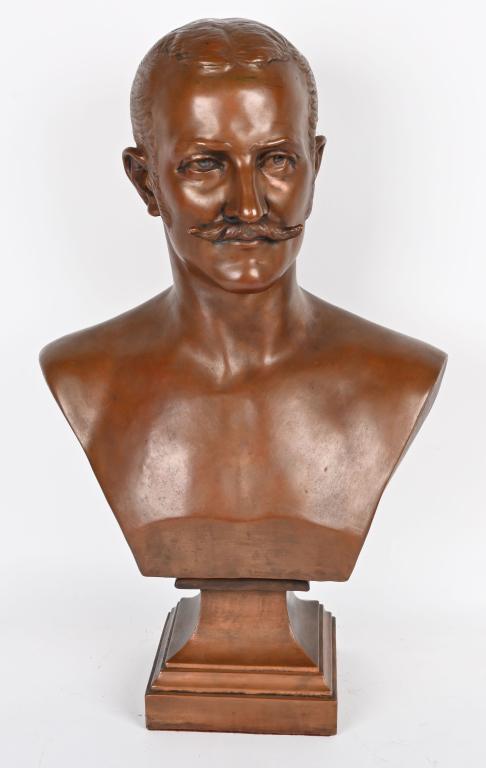 1889 COPPER OVERLAY BUST, KAISER WILHELM II: Great looking signed and dated bust that appears to be a young Kaiser Wihelm II from 1889. William II, was the last German Emperor (Kaiser) and King of Prussia, reigning from 15 June 1888 until his ab