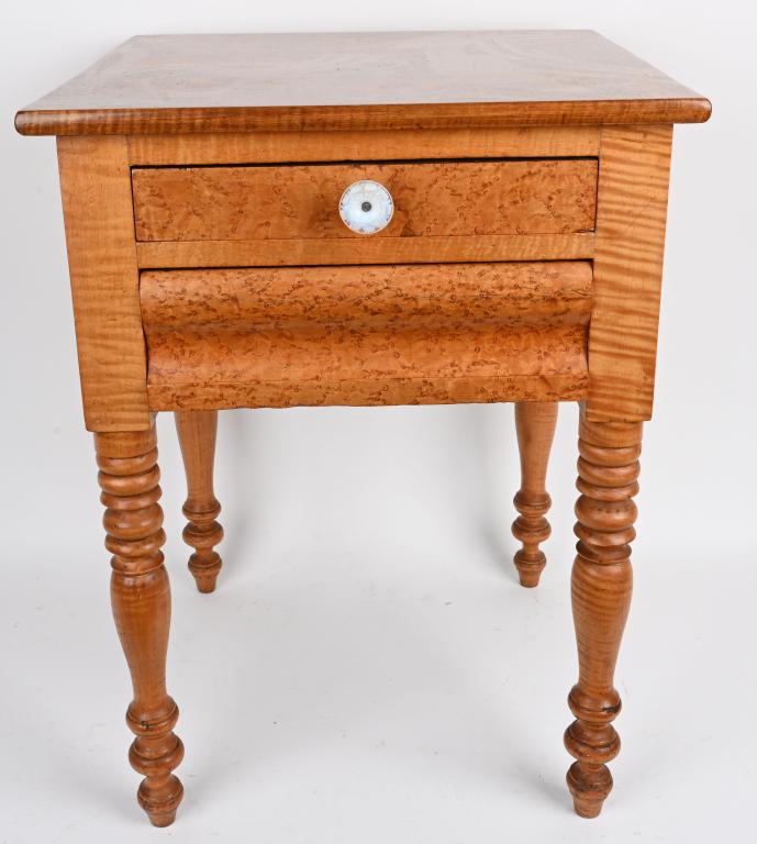 ANTIQUE TIGER & BIRDSEYE MAPLE TWO DRAWER STAND: Antique tiger maple stand with 2 birdseye maple drawers. Very solid construction with nice lathe turned tiger maple legs. Drawers are dovetailed. Top drawer has an antique opalescent glass pull knob, 