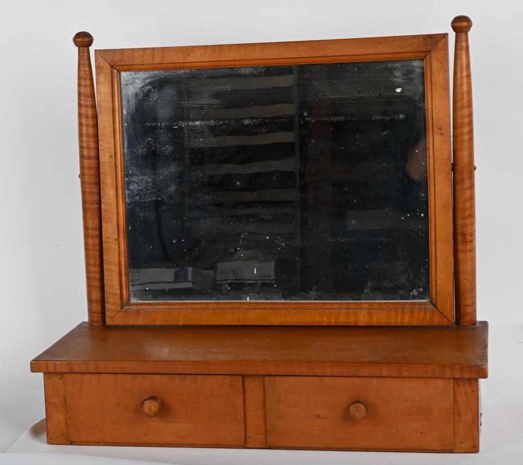 ANTIQUE TIGER MAPLE SHAVING MIRROR STAND: Beautiful tiger maple two drawer shaving mirror stand. Mirror is adjustable. 22" H, 24" W, Excellent