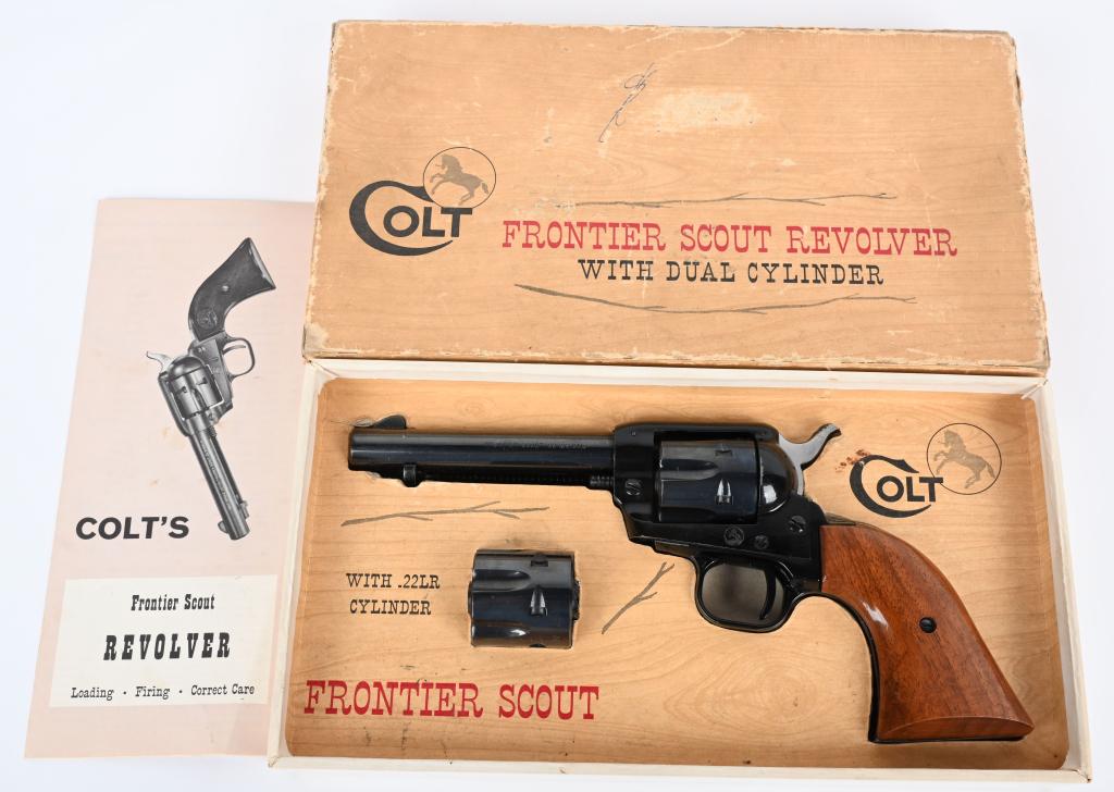 COLT "P" SERIES 62 FRONTIER SCOUT 22/22MAG W BOX: SERIAL NUMBER 18405P BAREL 4 3/4" CALIBER .22LR / .22 MAGNUM MANUFACTURED 1964. Produced by Colt to emulate the original full sized Colt peacemaker single action. 6 shot single action design with exte