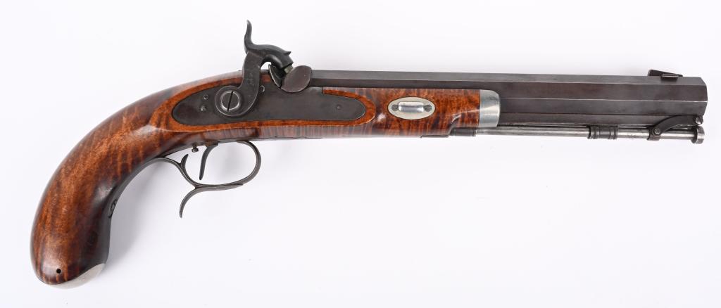 MASTER BUILT KENTUCKY PERCUSSION PISTOL: NSN. BARREL10". BORE .54. Beautifully made with well fitted striped maple stock, full rifled octagon barrel, swivel rod, set trigger and sash hook. Pommel is nickel silver while balance of furniture a