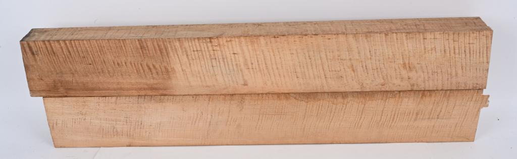 LOT (2) TIGER MAPLE WOOD BLANKS: Beautiful tiger maple gun stock blanks. Each measures 40" long and 3.5" thick by 5 3/8 wide. Each blank is enough to make a shotgun or lever rifle two piece set or a single sporting rifle or percussio