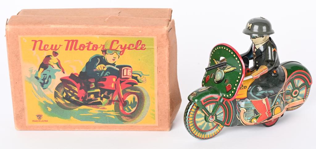 JAPAN TIN FRICTION NEW MOTOR CYCLE w/ BOX: Japan tin friction New Motor Cycle. All original marked PD. Looks never played with. With Box.