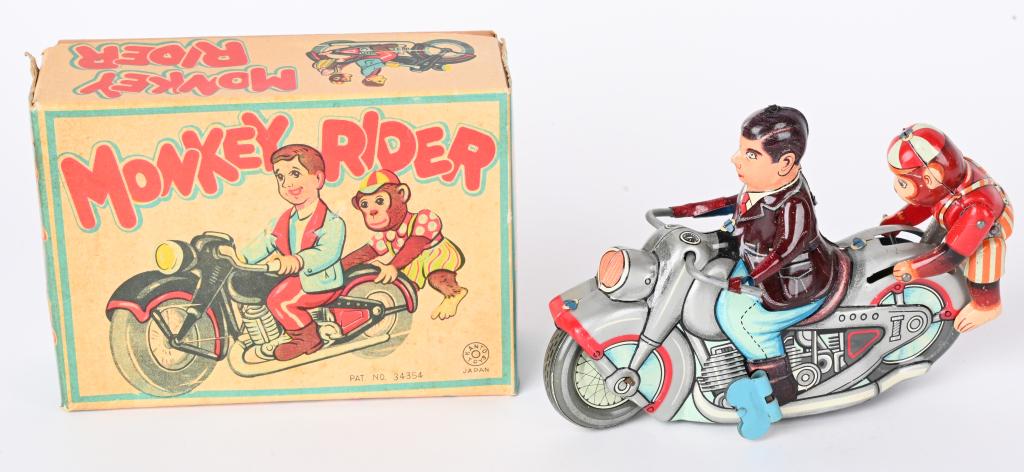 JAPAN TIN WINDUP MONKEY RIDER MOTORCYCLE w/ BOX (1 of 8)