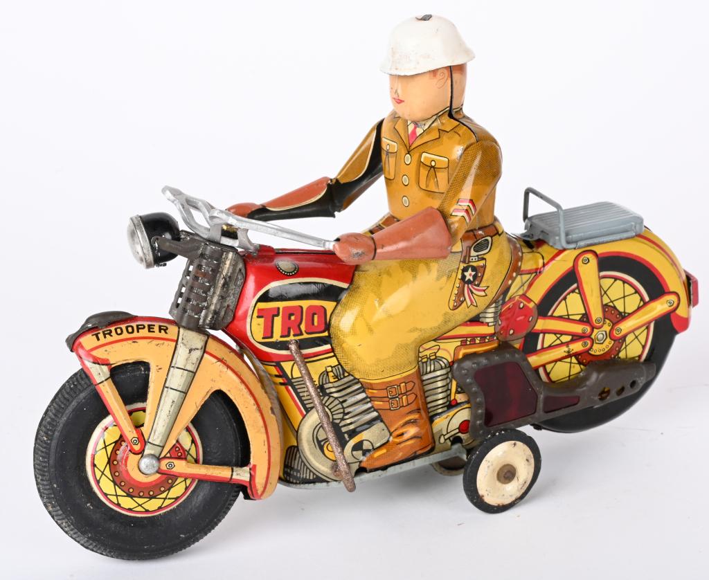 JAPAN TIN FRICTION TROOPER MOTORCYCLE (1 of 5)