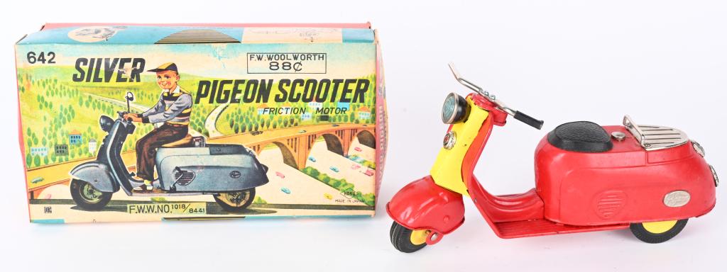 JAPAN TIN FRICTION SILVER PIGEON SCOOTER w/ BOX: Japan tin friction Silver Pigeon Scooter. All original red version. Looks basically never played with condition. Friction works. With Box. 9 1/2" Excellent