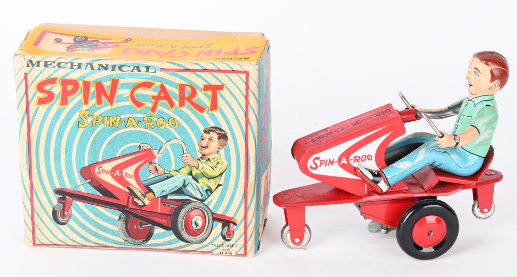 JAPAN TIN WINDUP SPIN CART w/ BOX: Japan tin windup Spin Cart Spin-A-Roo. All original and complete. Windup works. With Box. 6" Excellent