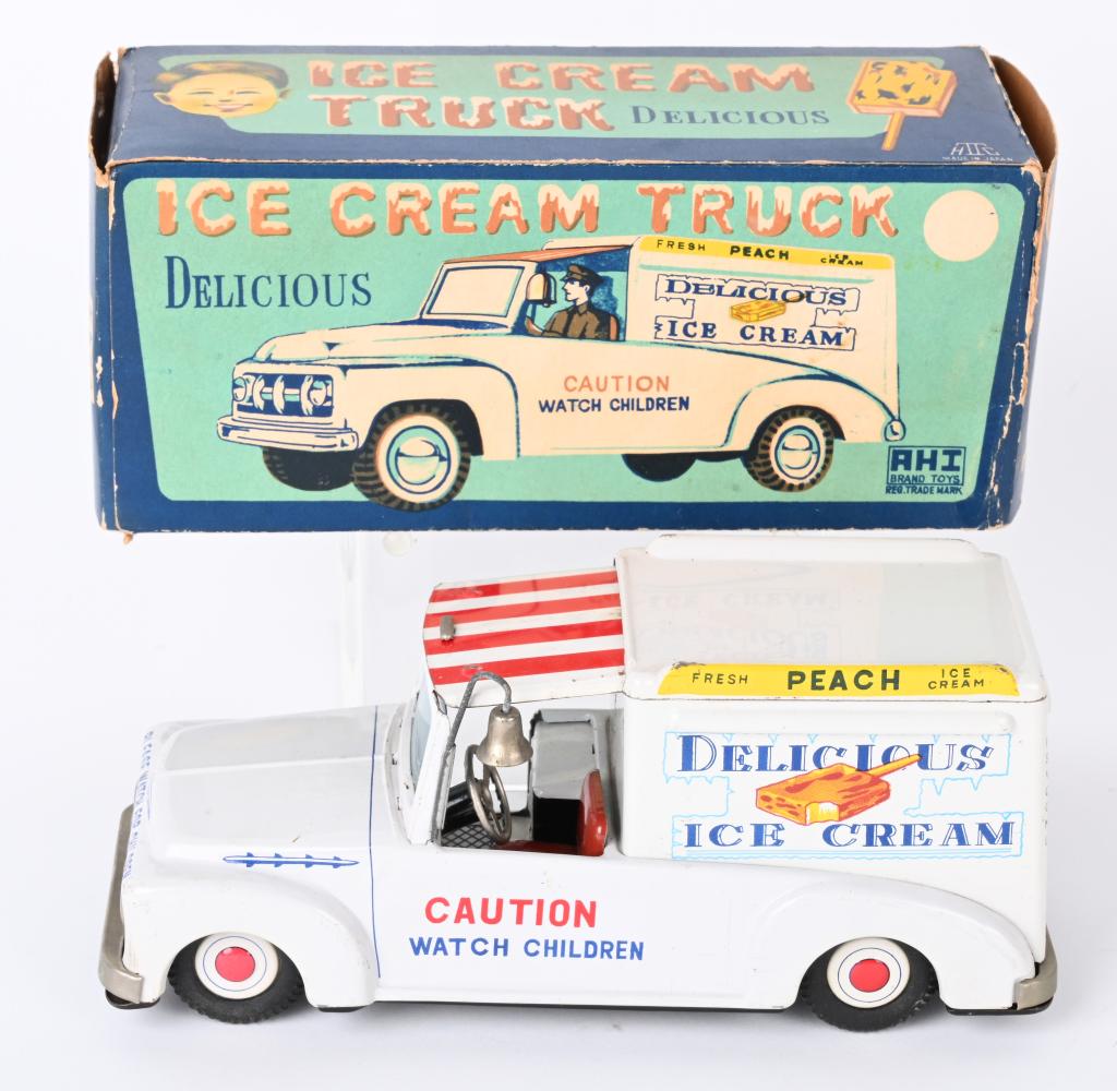 AHI TIN FRICTION DELICIOUS ICE CREAM TRUCK w/ BOX: Japan tin friction Delicious Ice Cream Truck. All original with great colors. Friction works. Comes with Box. 8 1/2" Excellent