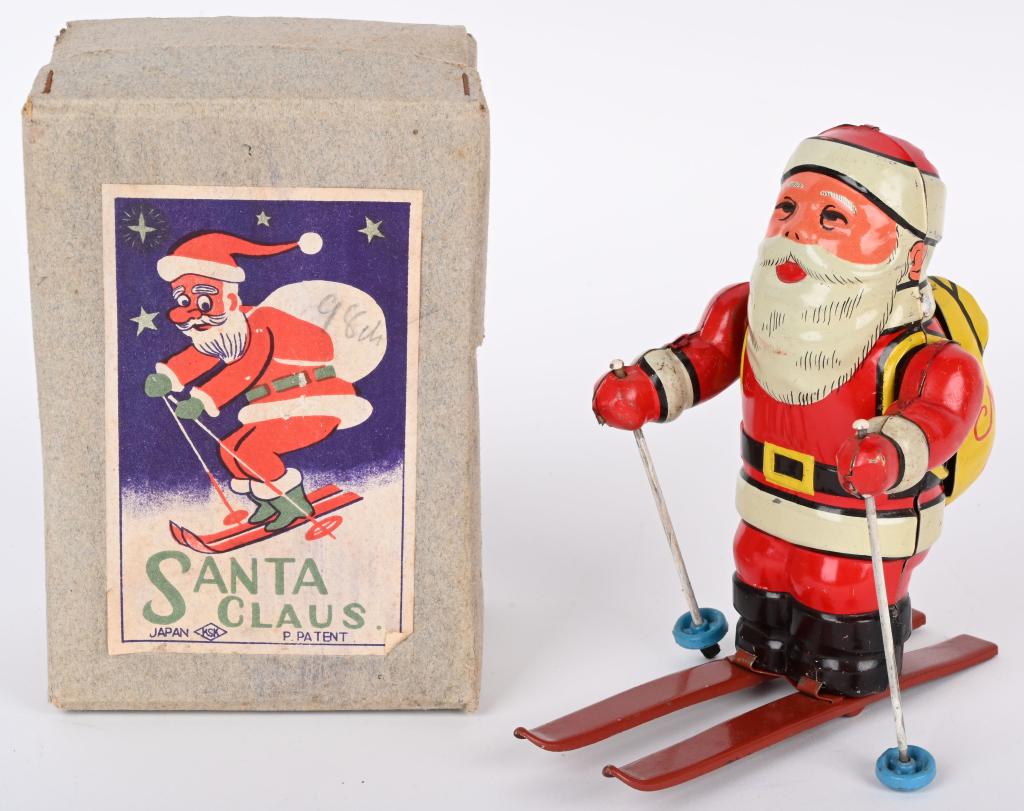 JAPAN TIN WINDUP SANTA CLAUS ON SKIS w/ BOX (1 of 8)