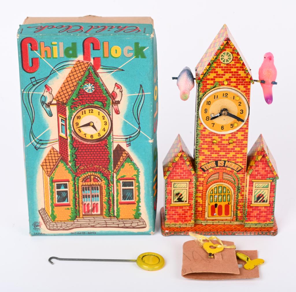 JAPAN WINDUP TIN & CELLULOID CLOCK BANK w/ BOX (1 of 7)