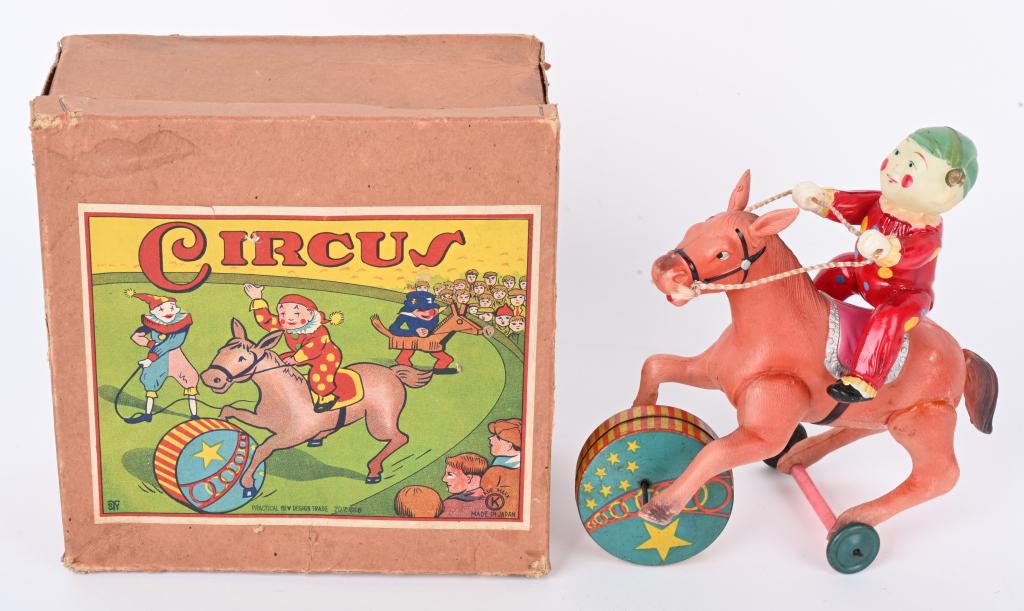JAPAN WINDUP TIN & CELLULOID CLOWN w/ BOX (1 of 7)
