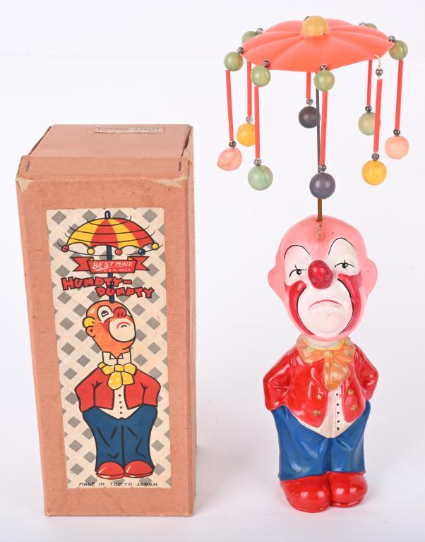 JAPAN WINDUP CELLULOID HUMPTY DUMPTY CLOWN w/ BOX (1 of 7)