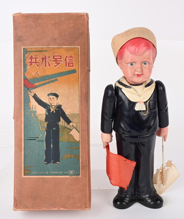 JAPAN WINDUP CELLULOID SAILOR SEMAPHORE w/ BOX (1 of 8)