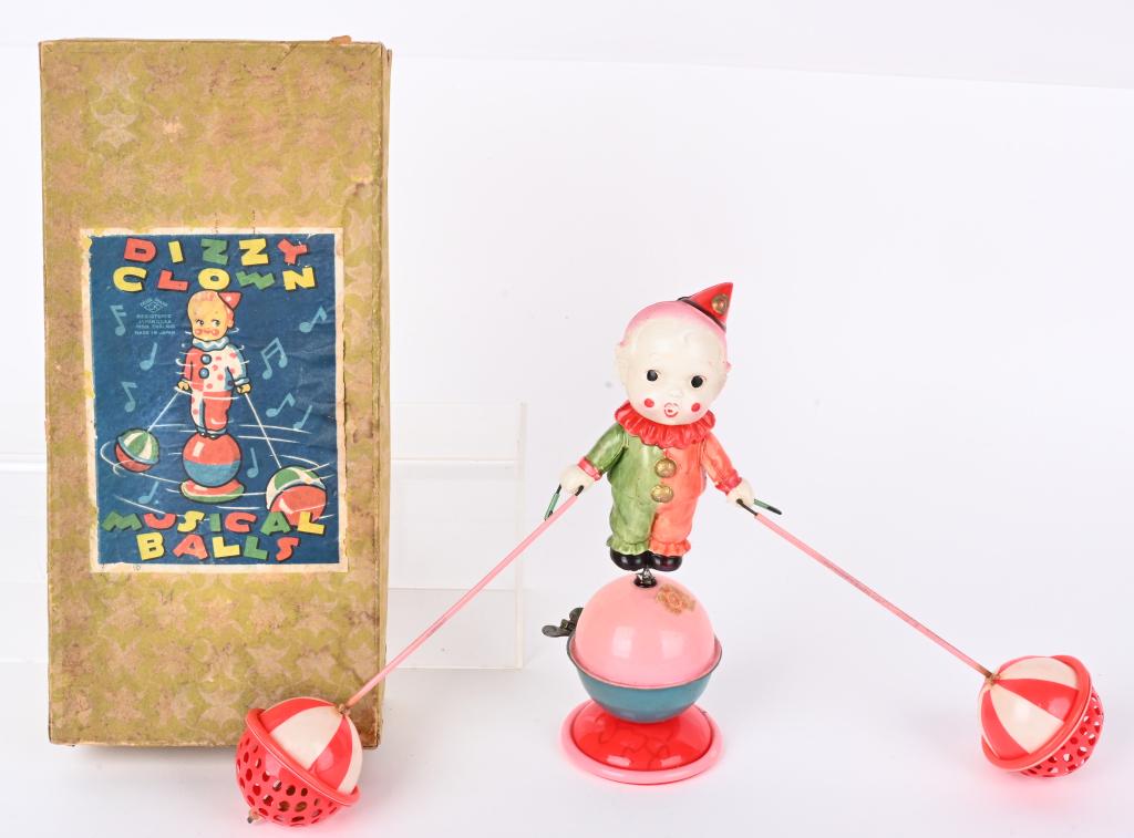 JAPAN WINDUP CELLULOID DIZZY CLOWN w/ BOX (1 of 6)
