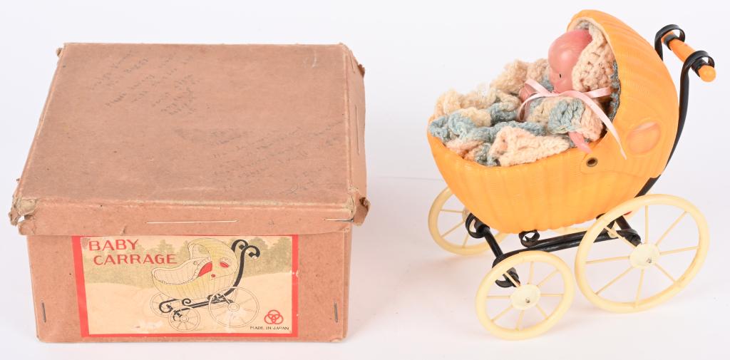 JAPAN CELLULOID BABY CARRIAGE & DOLL, w/ BOX (1 of 5)