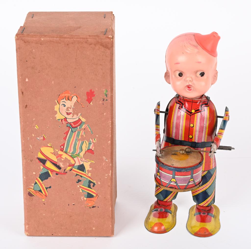 JAPAN WINDUP TIN & CELLULOID DRUMMER w/ BOX (1 of 7)