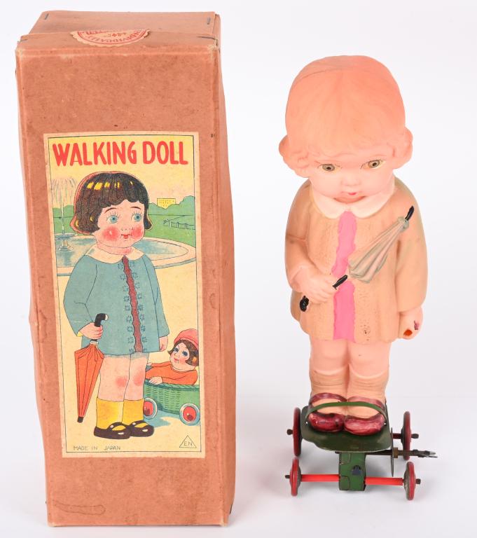 JAPAN WINDUP CELLULOID TOY WALKING DOLL w/ BOX (1 of 7)