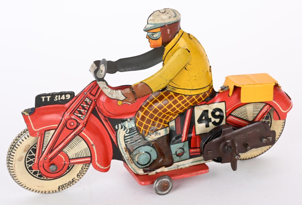 ENGLISH TIN WINDUP #49 RACING MOTORCYCLE (1 of 4)