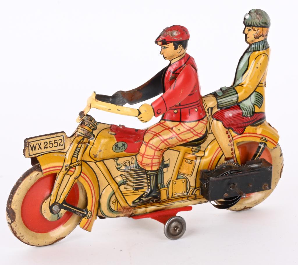 GELY TIN WINDUP DOUBLE RIDER CIVILIAN MOTORCYCLE (1 of 4)