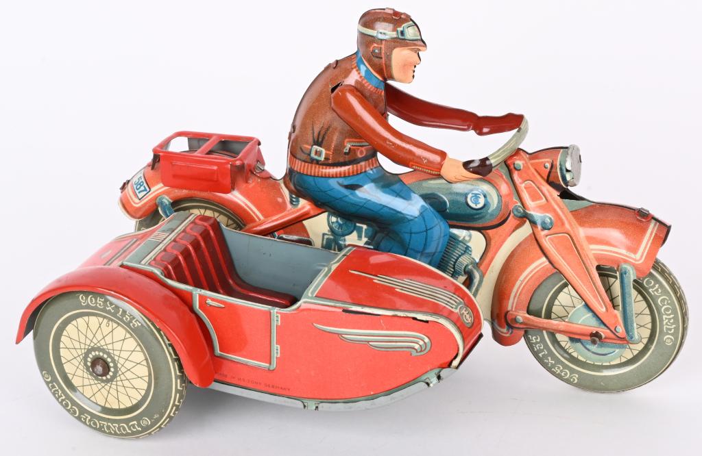 TIPP TIN WINDUP DOUBLE RIDER CIVILIAN MOTORCYCLE (1 of 5)
