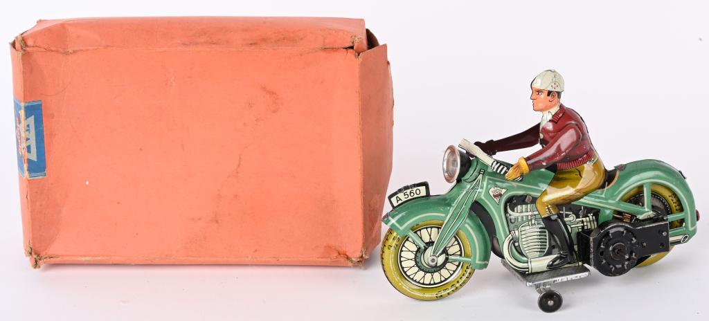 ARNOLD TIN WINDUP MOTORCYCLE WITH RIDER w/ BOX (1 of 8)