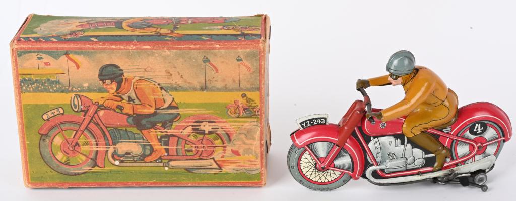 GERMAN TIN WINDUP RACING MOTORCYCLE w/ BOX (1 of 7)