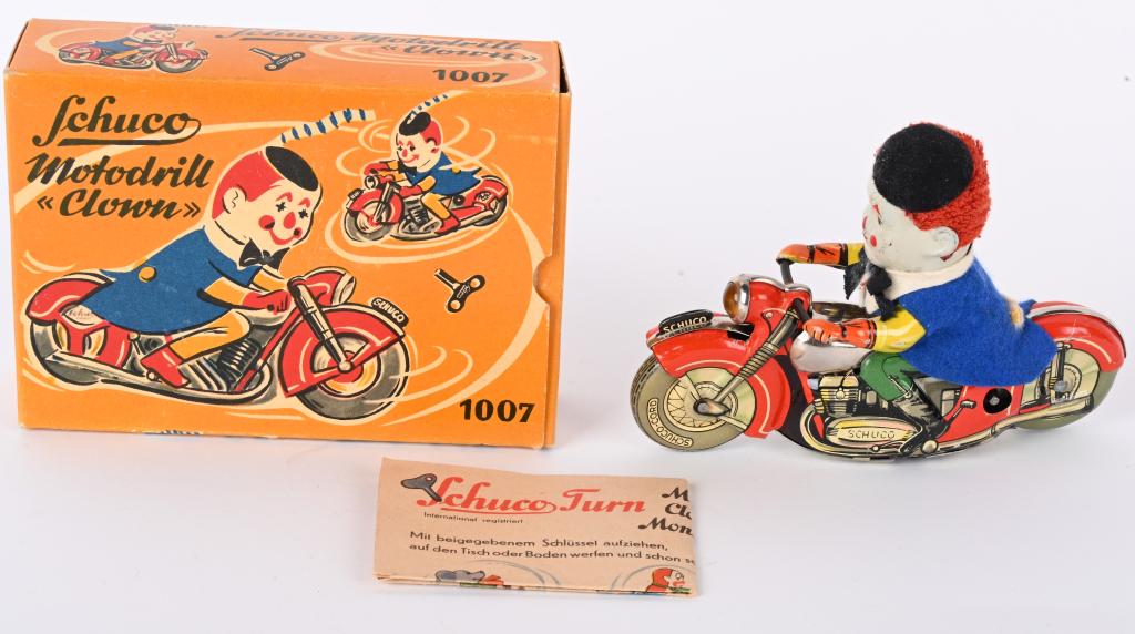 SCHUCO TIN WINDUP 1007 CLOWN MOTORCYCLE w/ BOX (1 of 8)