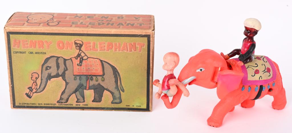 JAPAN CELLULOID WINDUP HENRY ON ELEPHANT w/ BOX (1 of 9)