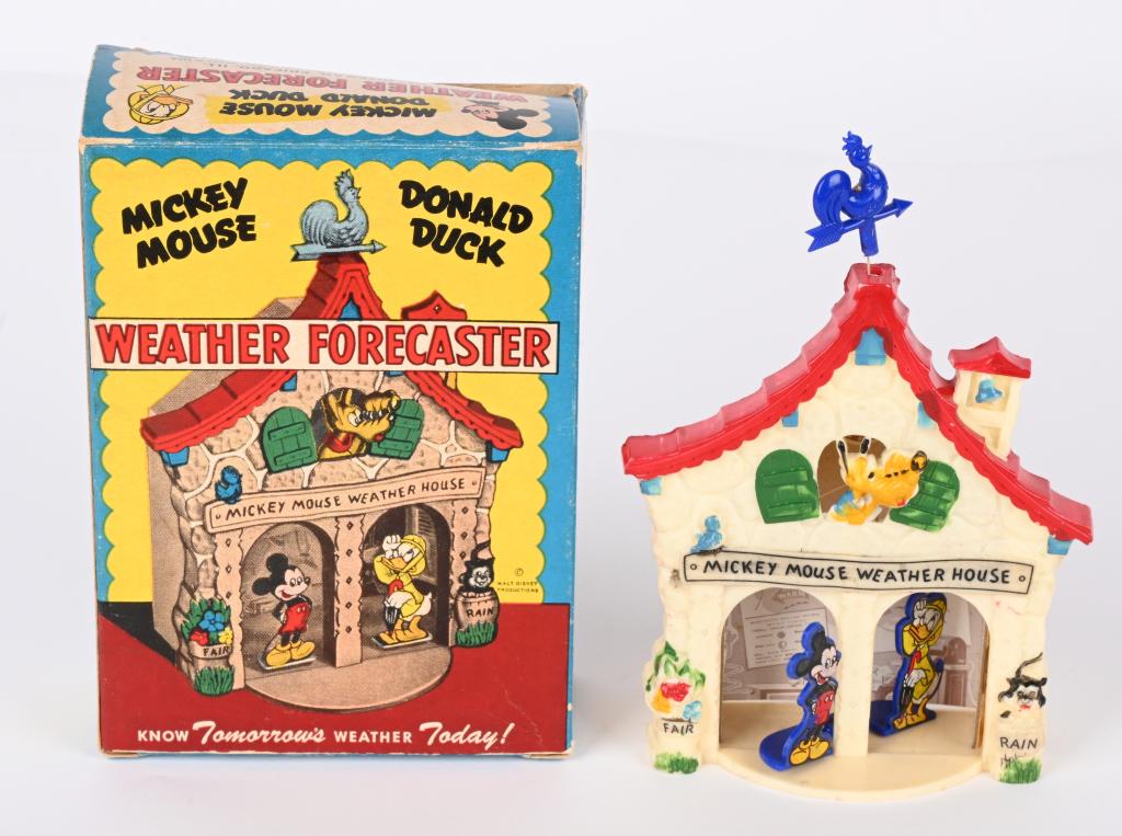 MICKEY & DONALD WEATHER FORECASTER w/ BOX: Mickey Mouse and Donald Duck Weather Forecaster. All original and never played with. Comes with Box. 6 1/2" Excellent