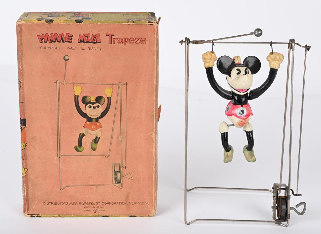 MINNIE MOUSE CELLULOID WINDUP TRAPEZE w/ BOX (1 of 6)