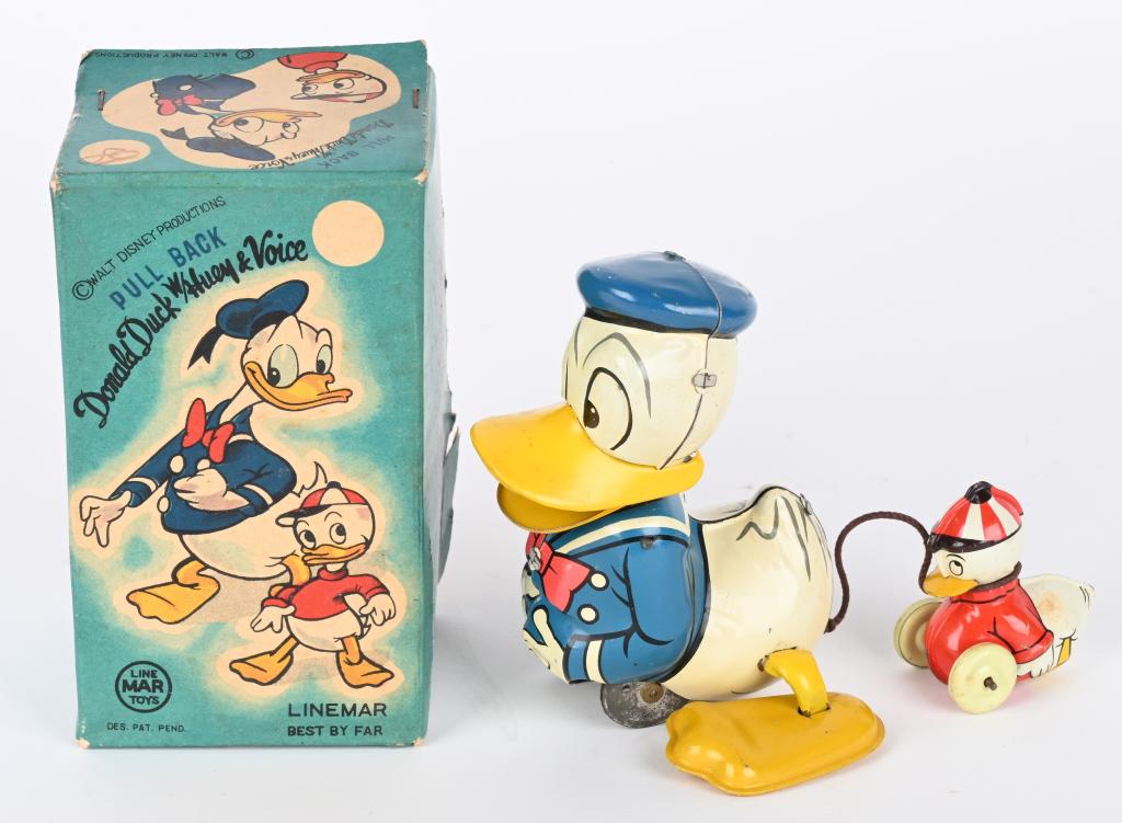 LINEMAR TIN WINDUP DONALD DUCK and HUEY w/ BOX (1 of 9)