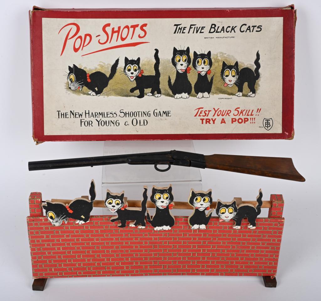 POP SHOTS THE FIVE BLACK CATS TARGET GAME w/ BOX: Dated 1926 Pop Shots The Five Black Cats Target Game. All original and complete with Cork Rifle. Toy is in great shape. With Box 17" Excellent