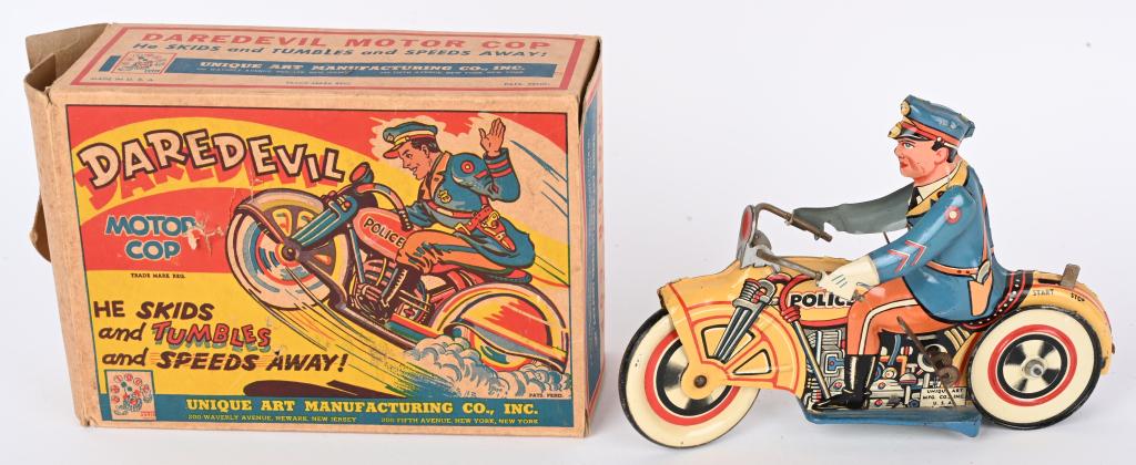 UNIQUE ART TIN WINDUP DAREDEVIL MOTORCYCLE w/ BOX (1 of 9)