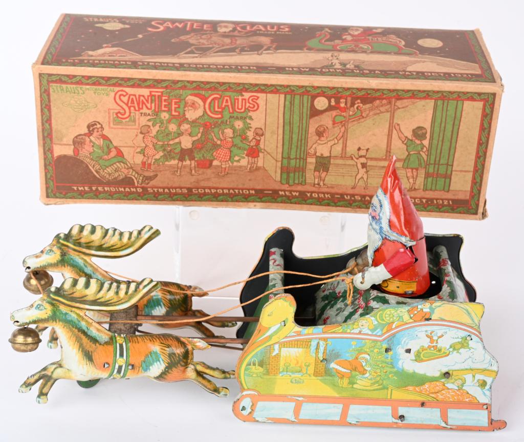 STRAUSS TIN WINDUP SANTEE CLAUS SLEIGH w/ BOX (1 of 10)