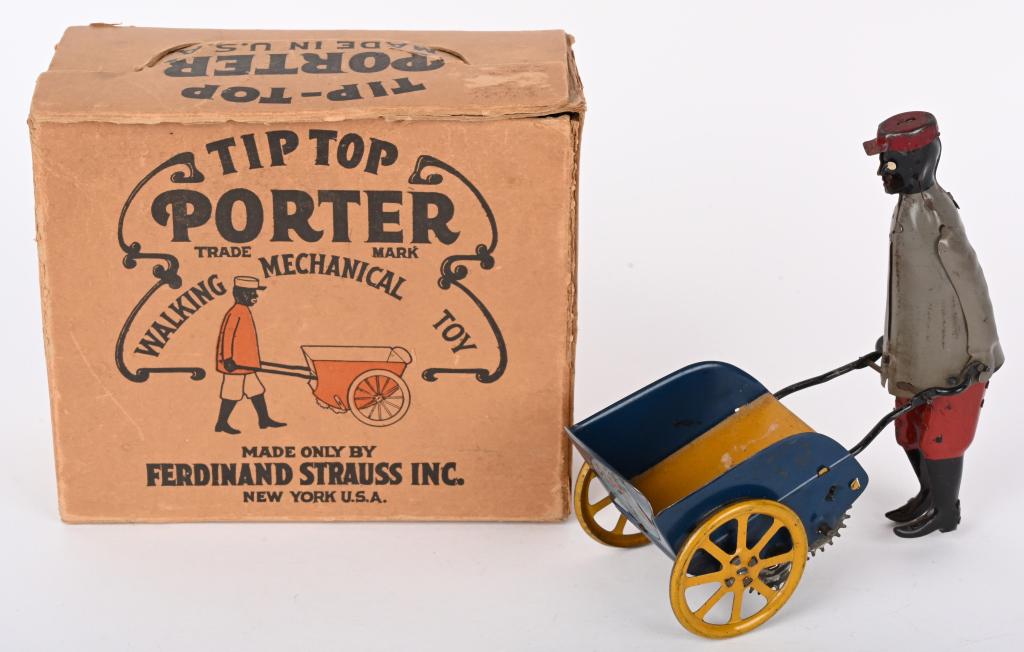 STRAUSS TIN WINDUP TIP TOP PORTER w/ BOX (1 of 7)