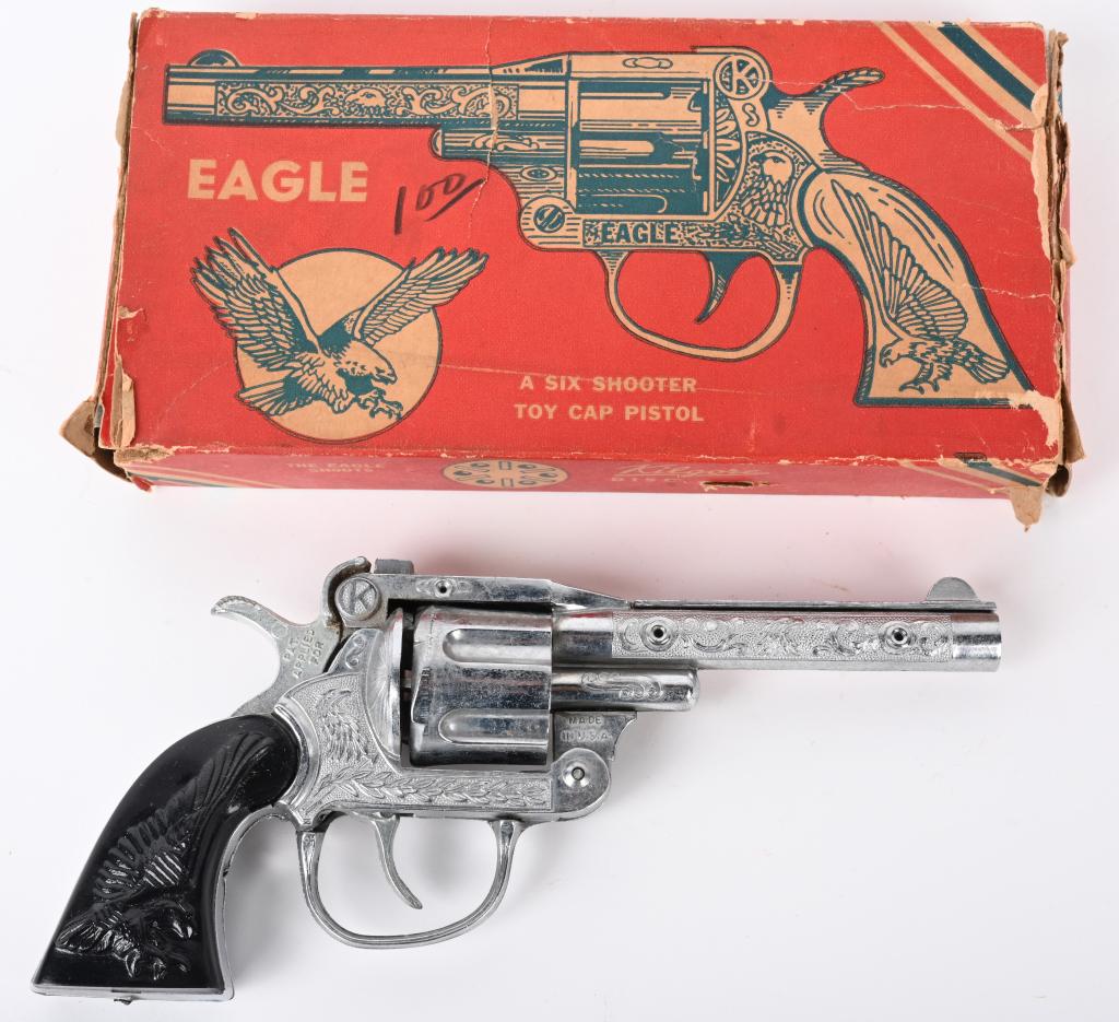 KILGORE EAGLE CAP PISTOL w/ BOX: Original Kilgore cap pistol that appears unfired. Operates properly. Includes original box. 8", Excellent