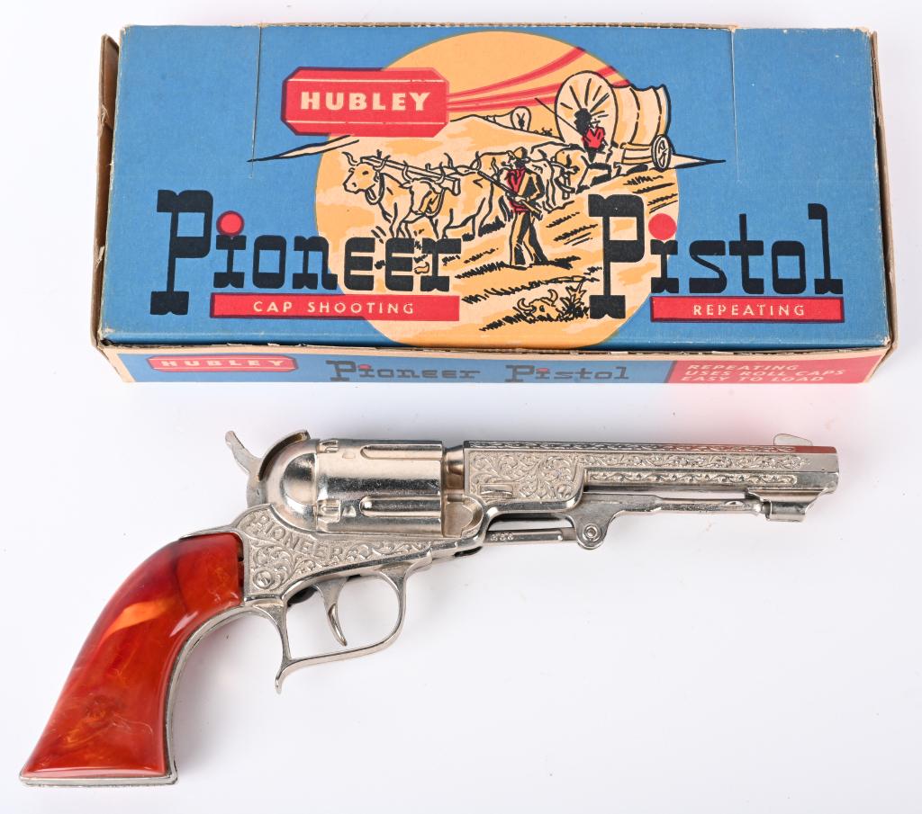 HUBLEY PIONEER CAP PISTOL w/ BOX: Original Hubley cap pistol that appears unfired. Operates properly. Includes original box. 9", Excellent