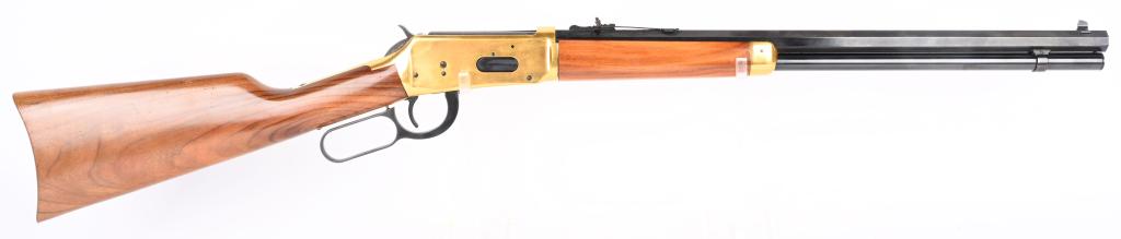 WINCHESTER MODEL 1894 CENTENNIAL SHORT RIFLE: SERIAL 4736. BARREL 20". CALIBER 30-30. MADE IN 1966. Features full octagon barrel, full magazine, sporting sights, brass plated frame, fore-arm cap& butt plate, saddle ring & stud, walnut stocks. Con