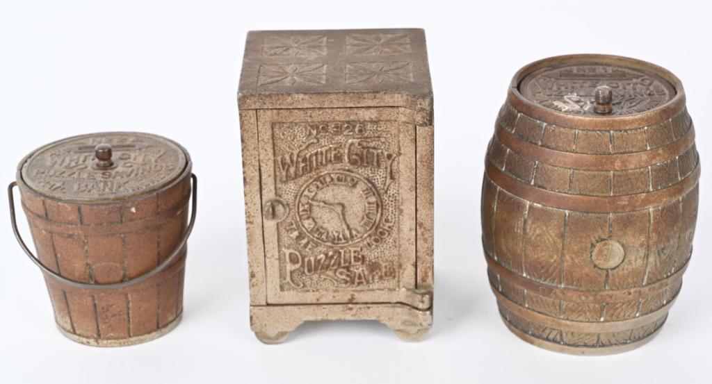 3 WHITE CITY PUZZLE BANKS * BARREL PAIL & SAFE (1 of 6)