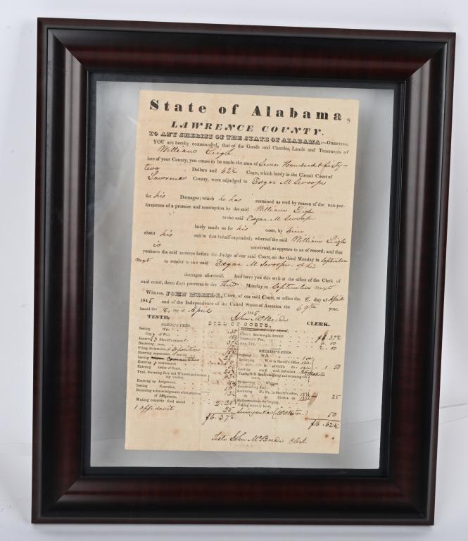 1845 STATE OF ALABAMA COURT JUDGEMENT RULING: Nice framed document dated Aril 8, 1845 detailing the judgement against William Leigh in the amount of $762.62 1/2, in favor of Edgar Swoope. Housed in a double side frame. Document is 7" by 12". very