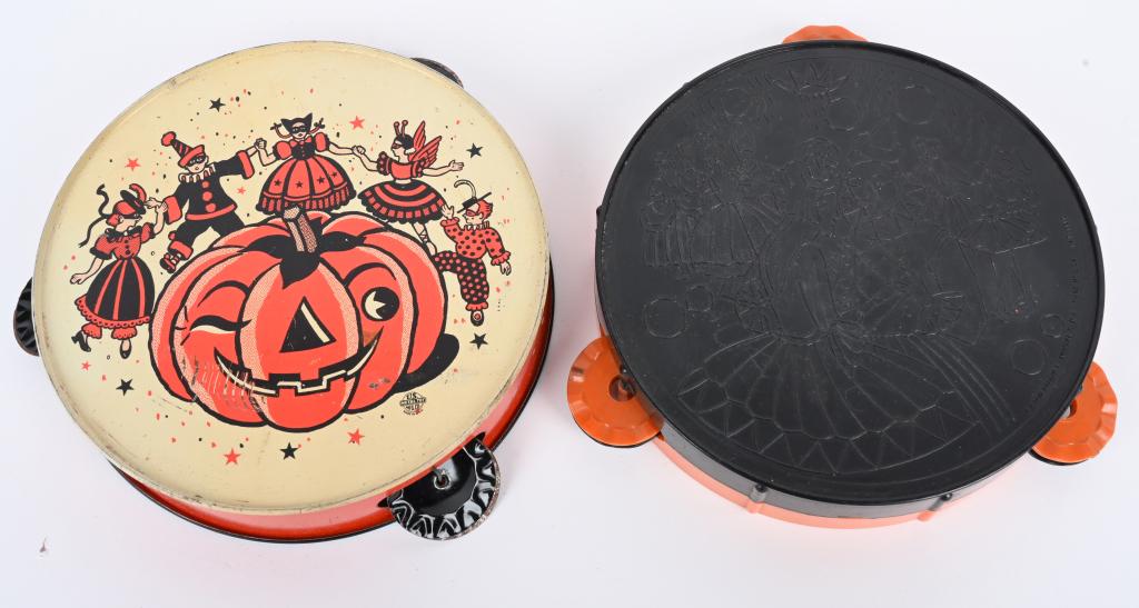 PAIR OF VINTAGE HALLOWEEN TAMBOURINES: Original pair of Halloween Tambourines. The manufactures are USA Mfg and Lapin. 6" Excellent