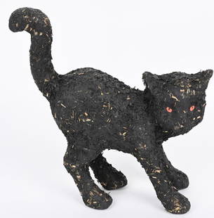 VINTAGE PAPER MACHE HALLOWEEN BLACK CAT w/ FUR: All original paper mache Halloween Black Cat with arched back. Has straw fur. All original condition. 12 1/2"x12" Excellent