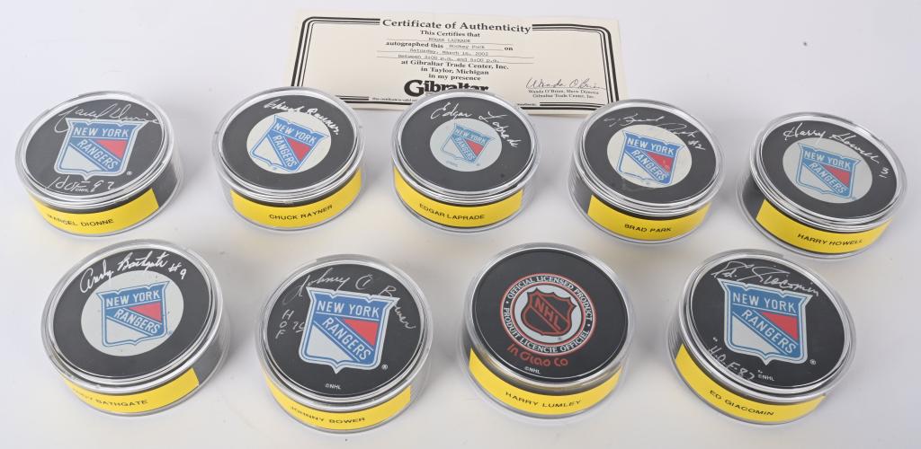 LOT (9) SIGNED NEW YORK RANGERS HOCKEY PUCKS (1 of 1)